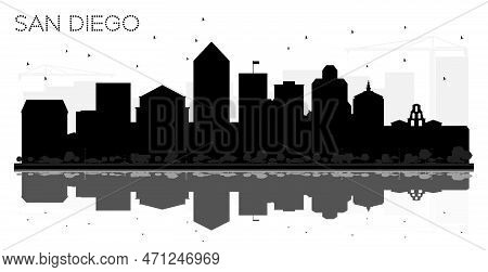 San Diego City Skyline Black And White Silhouette With Reflections. Vector Illustration. Simple Flat