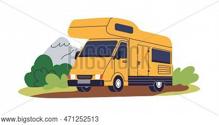 Motorhome, Holiday Camper Car On Road. Rv, Touristic Campervan. Recreational Truck Transport, Vehicl