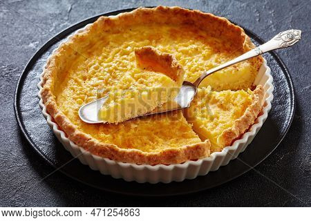 Chess Pie Pairs A Traditional Butter Pie Crust With A Sweet, Custardy Filling In White Baking Dish O