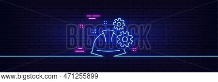 Neon Light Glow Effect. Engineering Working Process Line Icon. Engineer Or Architect Helmet Sign. In