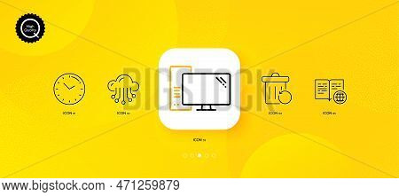 Recovery Trash, Computer And Time Minimal Line Icons. Yellow Abstract Background. Internet Book, Clo