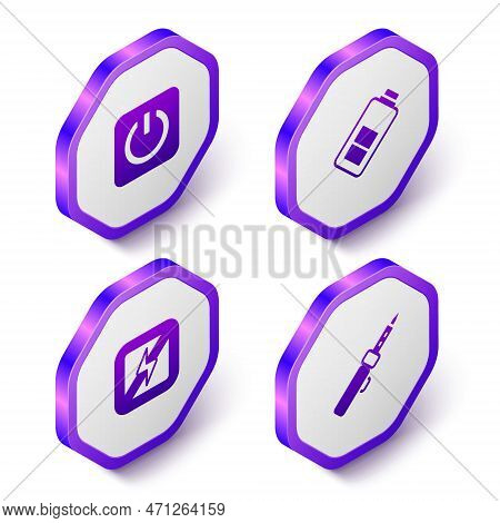 Set Isometric Power Button, Battery Charge, No Lightning And Soldering Iron Icon. Purple Hexagon But