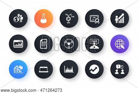 Minimal Set Of Fake Review, Chemistry Lab And Chemical Formula Flat Icons For Web Development. Audit