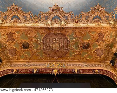 Venice, Italy - February 17, 2023: Clock And Decor On Ceiling In Hall Of Opera House Gran Teatro La 