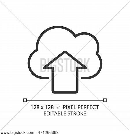 Upload Files On Cloud Based Storage Pixel Perfect Linear Icon. Safe Virtual Server For Users Data. I