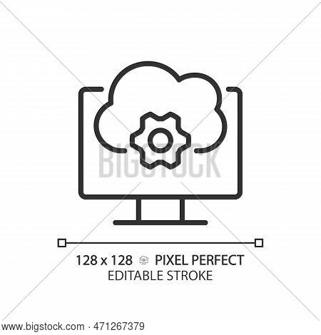 Cloud Based Software Pixel Perfect Linear Icon. Application Online Support. Computing Technology In 