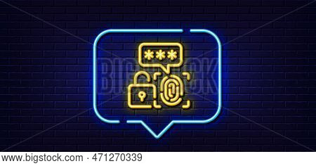 Neon Light Speech Bubble. Biometric Security Line Icon. Fingerprint Scan Sign. Privacy Data Symbol. 