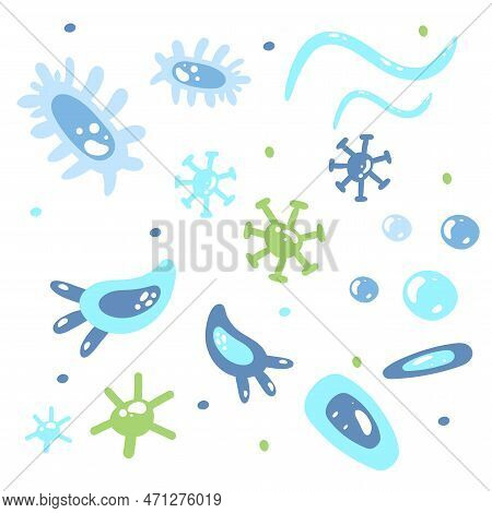 Abstract Bacteria Or Cell Elements Set. Cartoon Childhood Vector Illustration