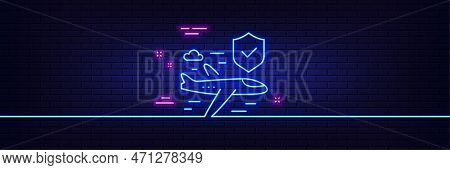 Neon Light Glow Effect. Flight Insurance Hand Line Icon. Risk Coverage Sign. Travel Protection Symbo