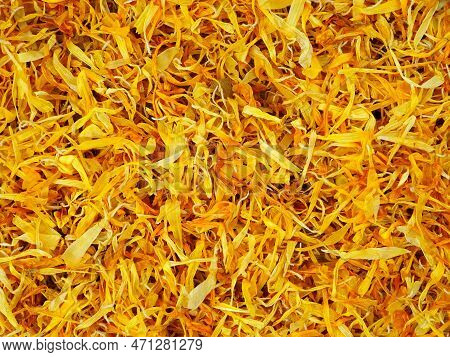 Dried Marigold Or Calendula Petals As Background. Close Up.