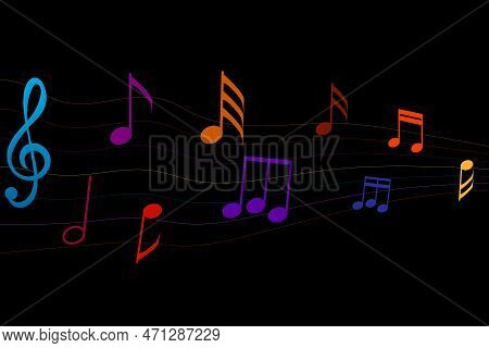 Music Notes. Dark Music Background. Colorful Abstract Music Notes On Line Wave Background