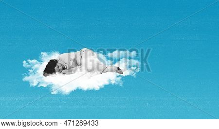 Creative Design In Retro Style. Contemporary Art Collage. Young Woman Sleeping On Cloud Ver Blue Bac