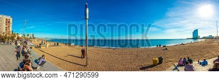 Barcelona, Spain - Dic 02 2018- View Of Famous Barceloneta Beach And W Barcelona (known As Hotel Vel