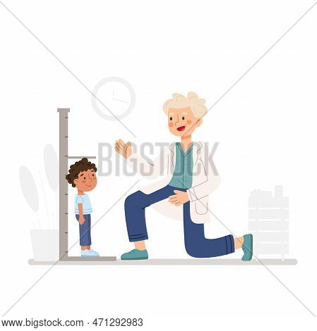Child Patient At Doctor Appointment. Pediatrician Checking Kid's Health And Growth. African American