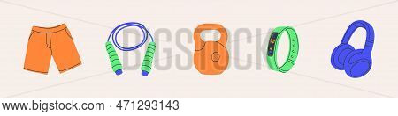 Set Of Sports Accessories. Clothing And Equipment For Sports. Flat Vector Illustration