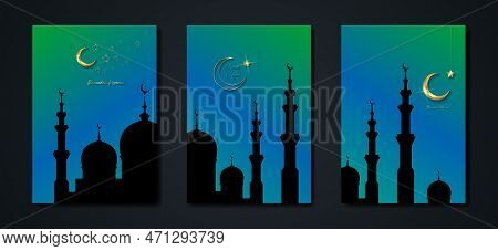 Ramadan Kareem 2023 Vector Set Greeting Card. Gold Half Moon On Blue Background. Golden Holiday Post