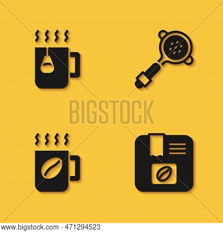 Set Cup Of Tea With Bag, Bag Coffee Beans, Coffee Cup And Filter Holder Icon With Long Shadow. Vecto