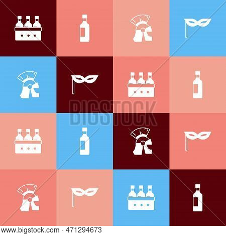 Set Pop Art Bottles Of Wine, Roman Army Helmet And Carnival Mask Icon. Vector