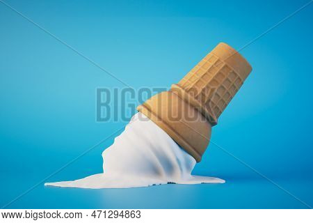 Fallen Melted Ice Cream In A Waffle Cup On A Blue Background. 3d Render.