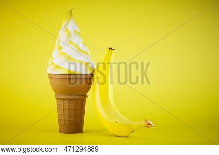Banana Ice Cream In A Waffle Cup. An Ice Cream Cone Next To A Banana On A Yellow Background. 3d Rend