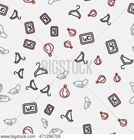 Set Line Hanger Wardrobe, Toilet, Portable Vacuum Cleaner And Garbage Bag On Seamless Pattern. Vecto