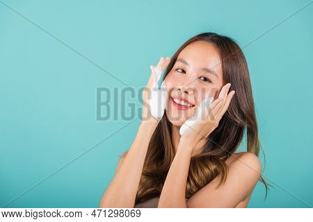 Portrait Beautiful Female Smile Applies Foaming Cleanser Healthy Skin, Asian Women Face Wash Exfolia
