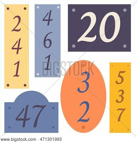 Vintage House Numbers Boards Sign Isolated. Figure For Hotels Room, Residence, Villa, Office, Street