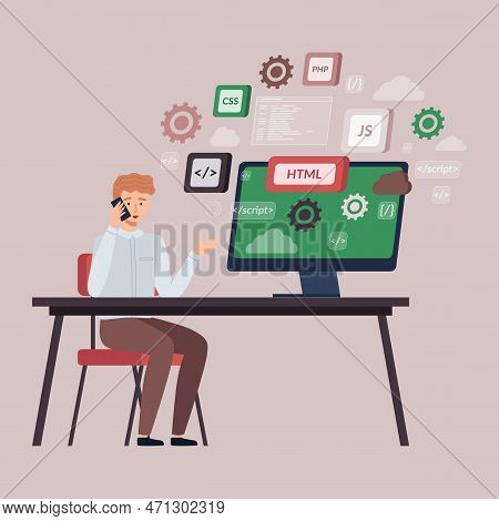 Programmer Doing Programming Languages Design And Program Code On Screen, Talking On Phone. Software