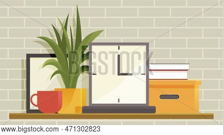 Wall Shelf With Home Plant In Pot, Clock, Cup, Books And Box, Houseplant, Pictures And Other Decor. 