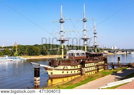 Veliky Novgorod, Russia - August 27, 2022: Old Sailing Ship Restaurant Fregat Flagman On River Volkh