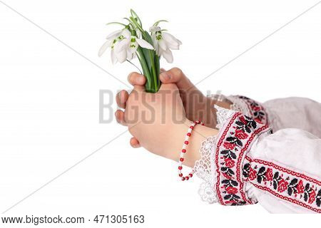 Bulgarian Girl In Traditional Folklore Costumes With Spring Flowers Snowdrop And Handcraft Wool Brac
