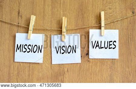 Mission Vision Values Symbol. Concept Words Mission Vision Values On White Paper On Clothespin On A 