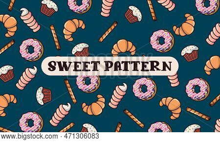 Sweet Pattern With Donuts, Straws, Muffins And Cakes. Pattern Of Randomly Scattered Sweets On A Blue