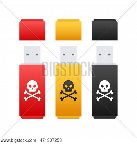Computer Virus On Usb Flash Card. Virus Protection. Vector Stock Illustration.