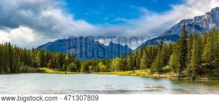 Panorama Of Johnson Lake In Banff National Park, Canada