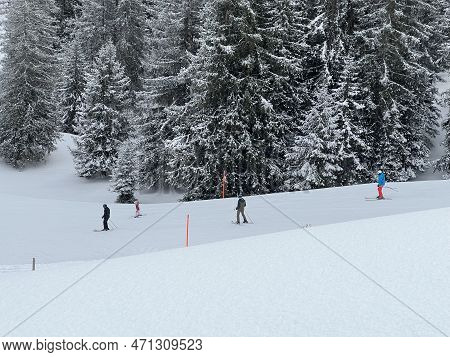 Snowboard And Ski Trails Or Alpine Trails For Winter Sports Above The Tourist Resorts Of Valbella An