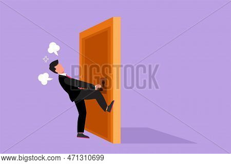 Character Flat Drawing Businessman Pulling Closed Door Knob With Power. Business Struggles Metaphor.