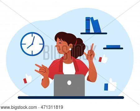 Work Happiness Concept. Woman Dancing In Workplace. Successful And Hardworking Employee Or Manager I