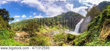 Panorama Of  Dunhinda Waterfall In A Sunny Day In Sri Lanka