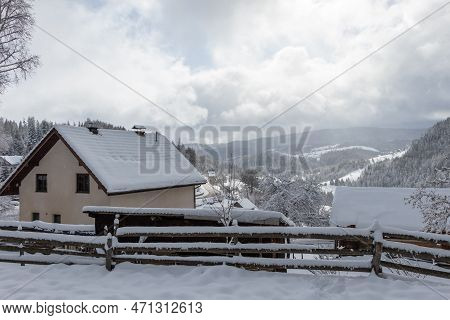Winter View Of Zlatar, Serbia. Cold Winter Morning. Lawn And Forests.