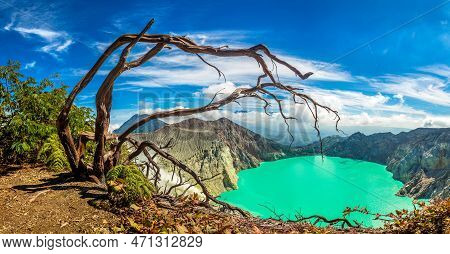 Panorama Of  Crater Of Active Volcano Ijen, Java Island, Indonesia