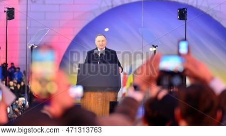 Warsaw, Poland. 21 February 2023. Poland President Andrzej Duda At The Warsaw Royal Castle Gardens. 