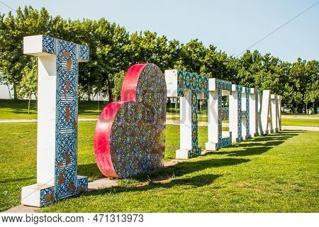 Tehran, Iran - May 15th, 2022: I Love Tehran Statue In Capital City Of Iran. Travel Destination In M