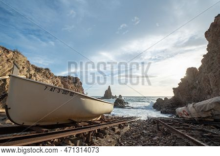 Cabo De Gata, Spain : 2022 November 17 : Fishing Boat In The Natural Harbor Of The Lighthouse Of The