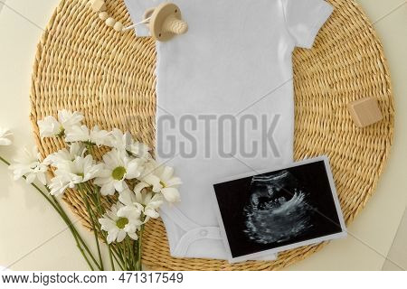 Mockup Of Social Media Baby Announcement. Pregnancy Announcement Background With Blurred . Selective