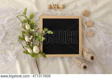 Mockup Of Social Media Baby Announcement. Pregnancy Announcement Background With Blurred . Selective