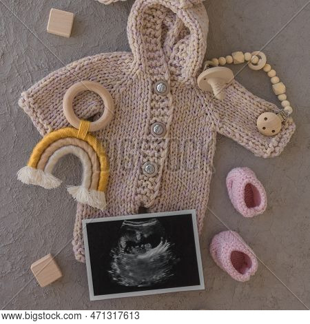 Mockup Of Social Media Baby Announcement. Pregnancy Announcement Background With Blurred . Selective
