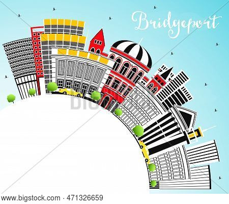 Bridgeport Connecticut City Skyline With Color Buildings, Blue Sky And Copy Space. Vector Illustrati