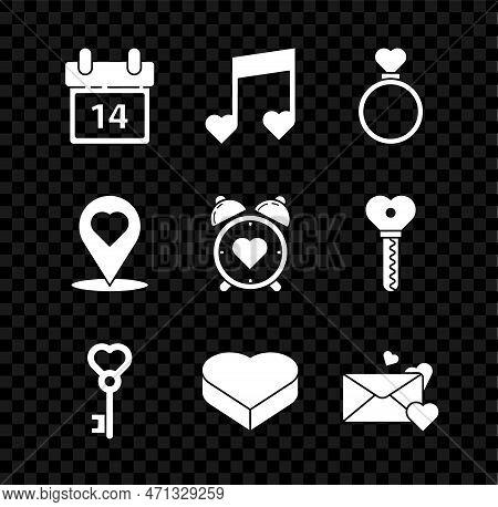 Set Calendar With February 14, Music Note, Tone Hearts, Wedding Rings, Key Shape, Candy Shaped Box, 