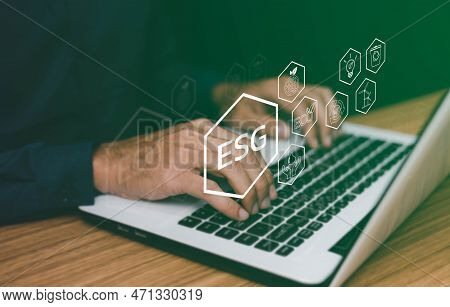 Esg Environment Social Governance Investment Business Concept. Women Use A Computer To Analyze Esg, 